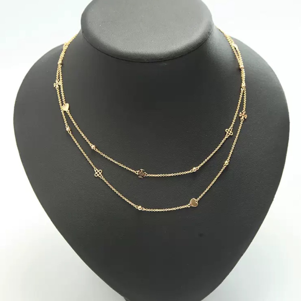 Tory Burch Kira Layered Necklace Gold 18k Plated Logo Heart Charms NEW - Picture 2 of 6